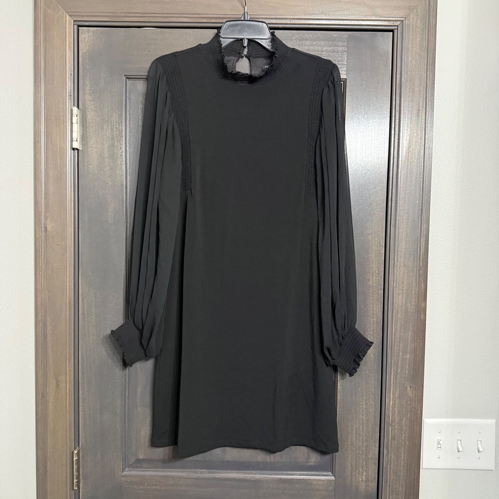 White House Black Market Black Mock Neck Smocked Sheer Sleeve Shift Dress Medium
